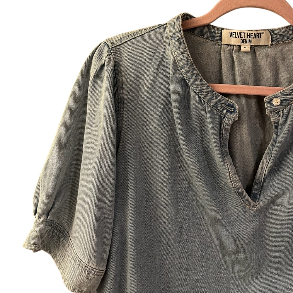 Velvet Heart Light Blue Washed Denim Peasant Blouse - Picture 3 of 6